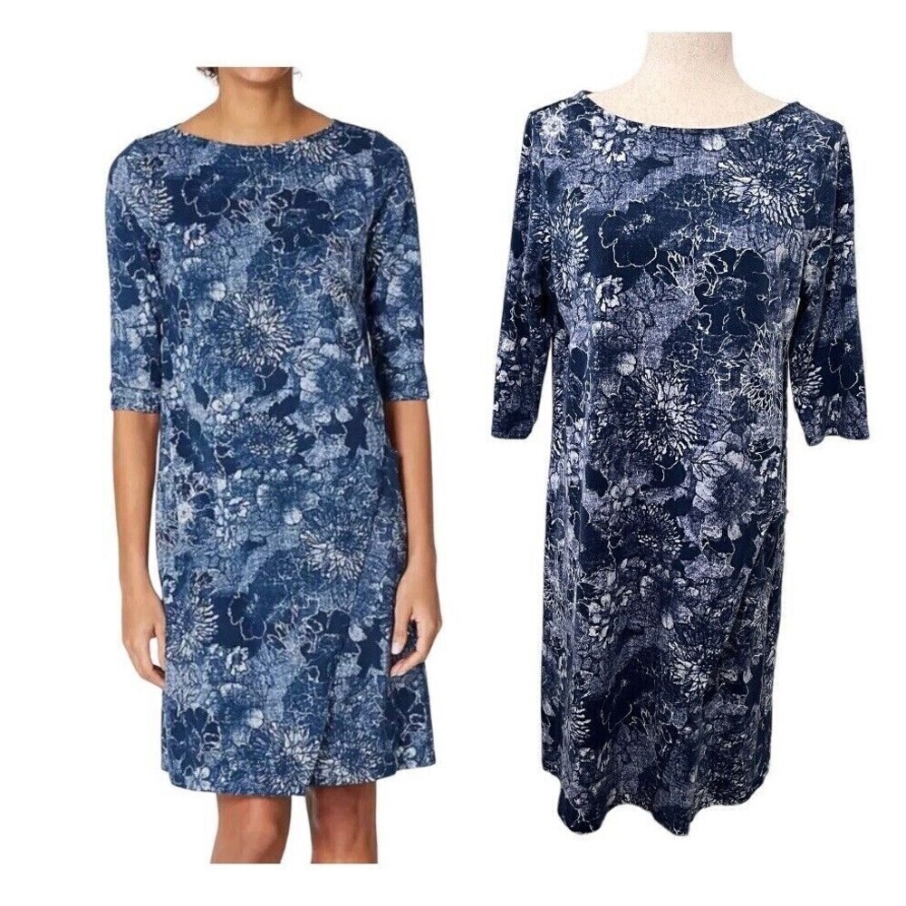 Pure Jill J.Jill Blue Knit Wrap Dress Size Medium w/ Pocket 1/2 Sleeve Floral